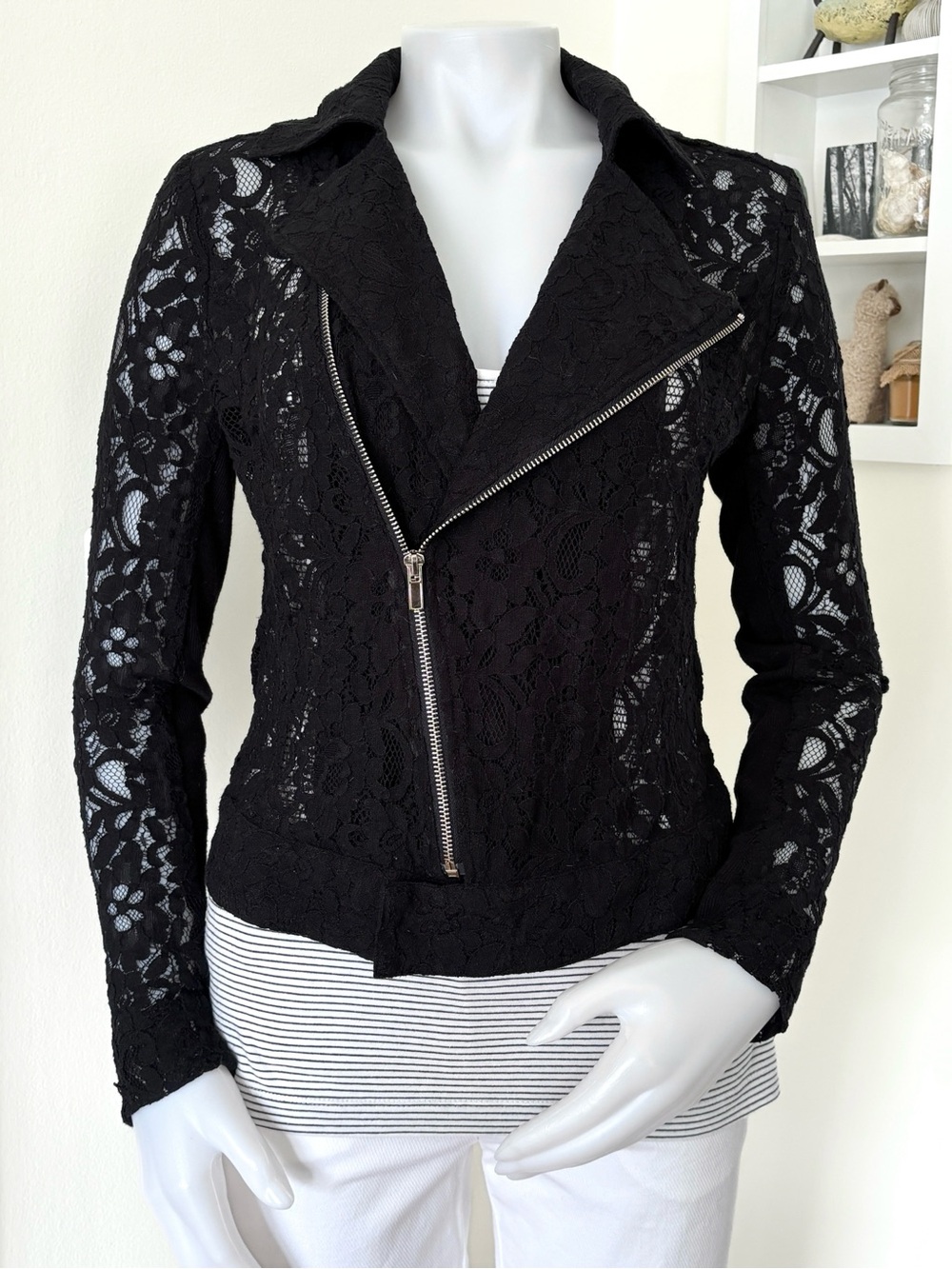black lace moto jacket with asymmetrical zipper front